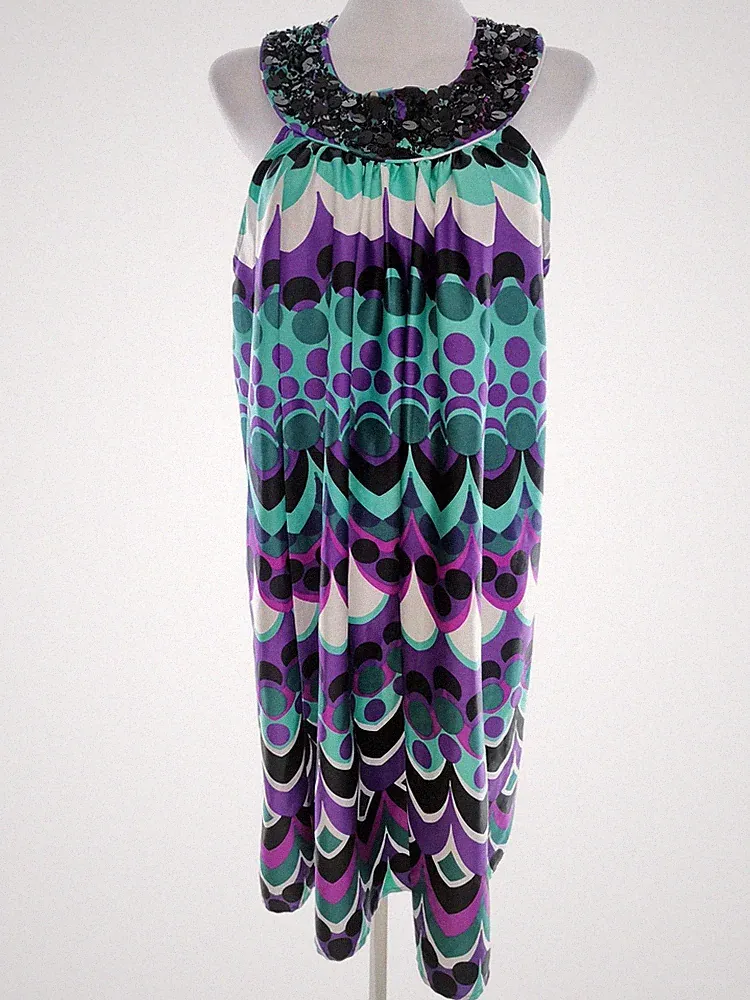MONSOON Damen Kleid Gr. 42 Grün Ärmellos Pailletten Punkte Knielang Schulterfrei