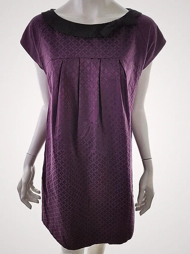MONSOON Damen Kleid Gr. 42 Lila Baumwolle Kurzer Ärmel Knielang Boots-Ausschnitt
