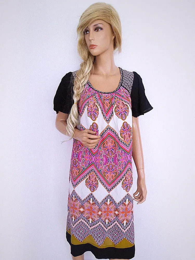 MONSOON Damen Kleid Gr. 42 Rosa Viskose Kurzer Ärmel Midi Runder Ausschnitt