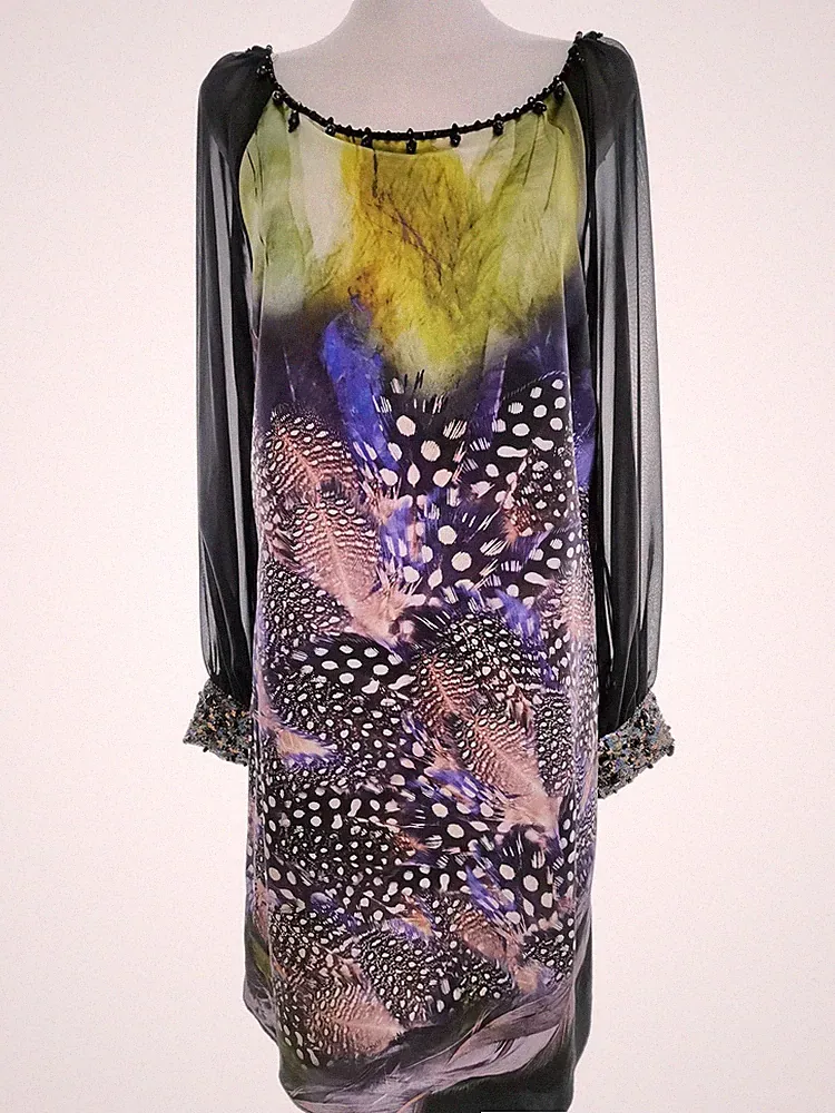 MONSOON Damen Kleid Gr. 42 Schwarz Langer Ärmel Pailletten Knielang