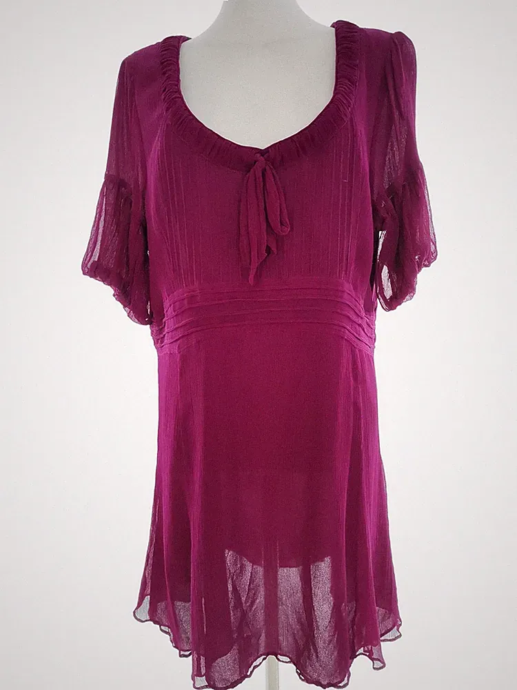 MONSOON Damen Kleid Gr. 48 Lila Seide 100% Kurzer Ärmel Knielang Runder