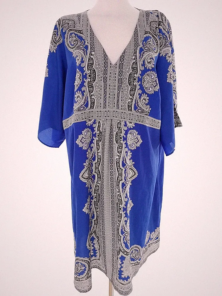 MONSOON Damen Kleid Gr. 50 Blau 3/4 Ärmel Midi V-Ausschnitt