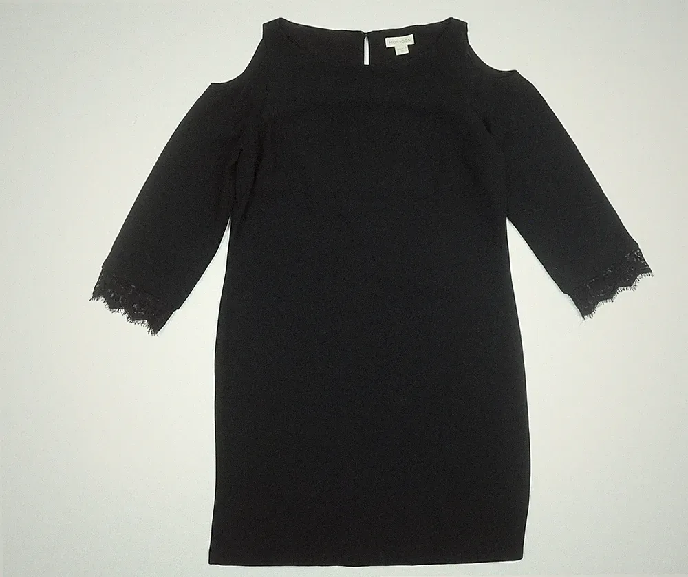 Monsoon Damen schwarz Größe 12 Schulterfreies Spitzen Etui-Kleid