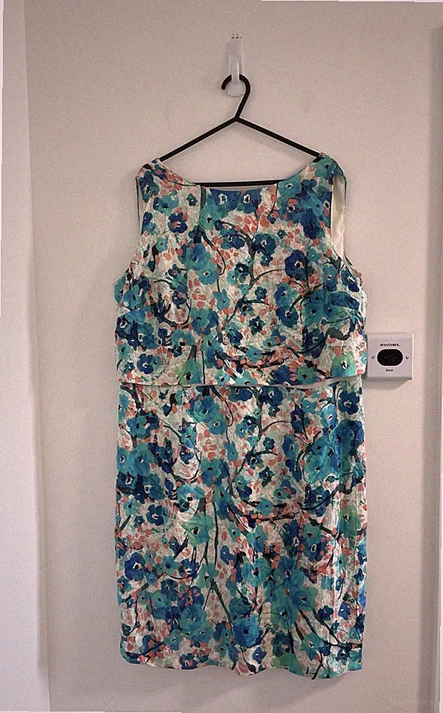 Monsoon Etuikleid UK 18 blau Blumen Seidenmischung Hochzeit Gast Anlass
