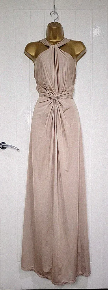 Monsoon Gr. 12 taupe mauve Stretch gerafft Hochzeit Gast Anlass Kleid Maxi sehr guter Zustand