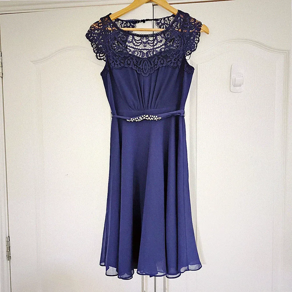 Monsoon Größe 8 Kleid dunkelblau Chiffon Spitze Fit & Flare Hochzeit Gast Anlass