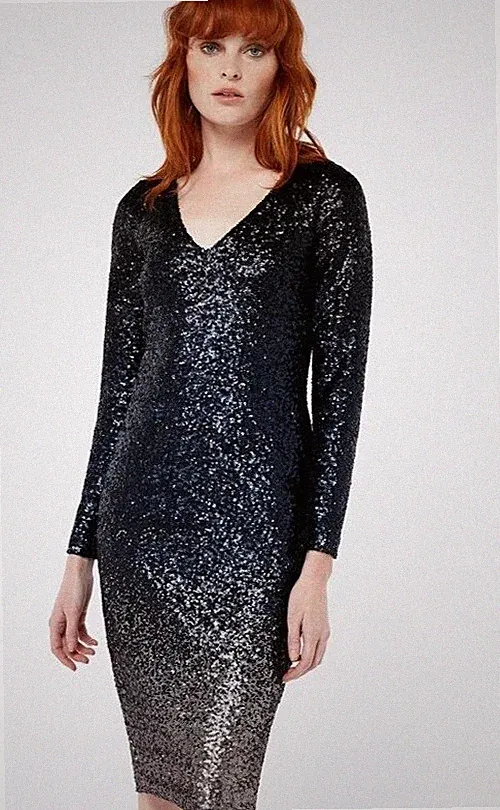 Monsoon Heidi Ombre Pailletten Midi Kleid Gr. 36 blau silber Party Silvester