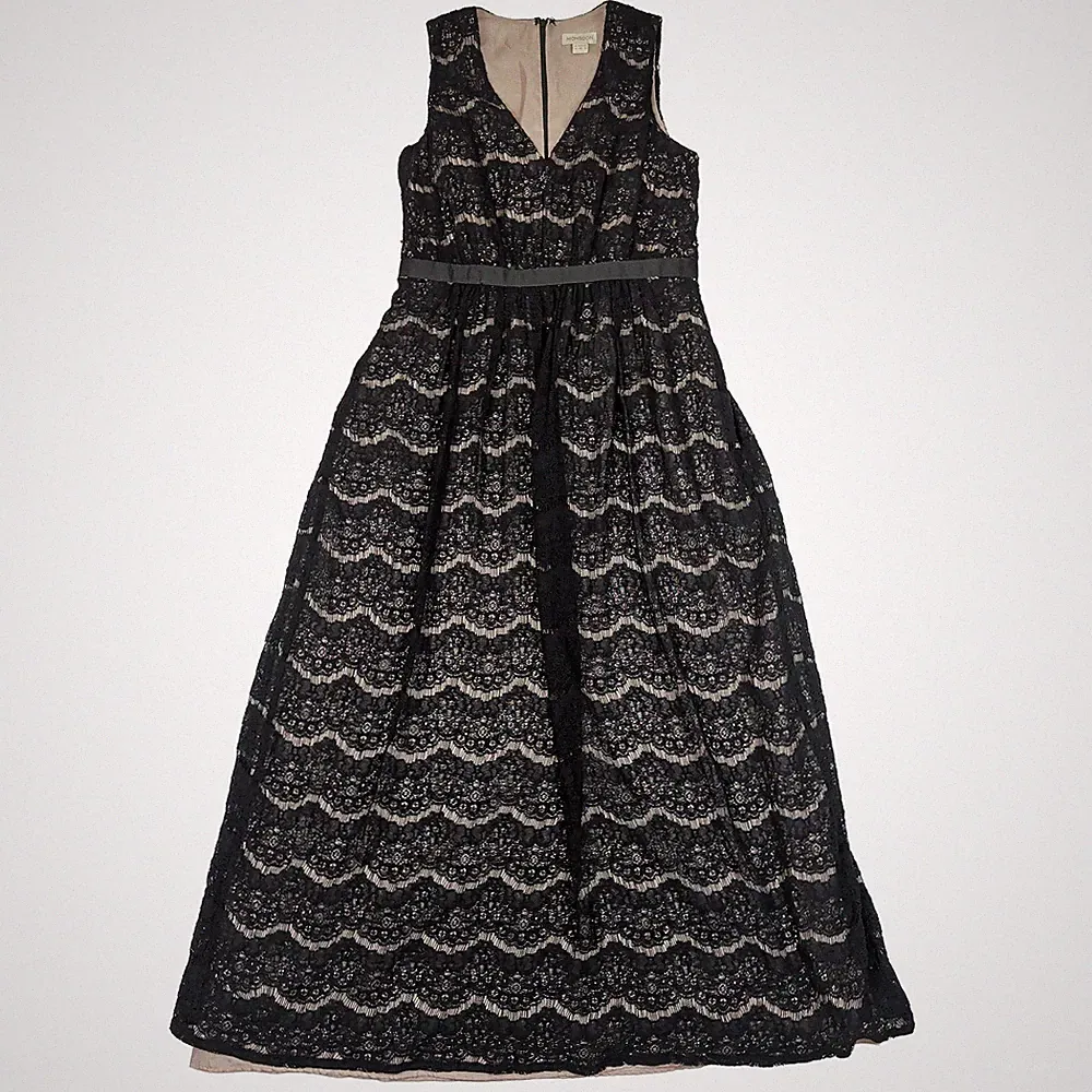 Monsoon Kleid schwarz Spitze Anlass UK 14 nude gefüttert Hochzeitsgast