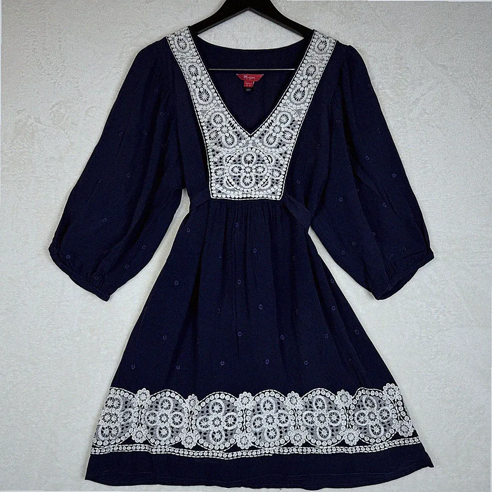 Monsoon Kleid UK14 Eur42 Dunkelblau Weiß Bestickt Spitze Boho V-ausschnitt