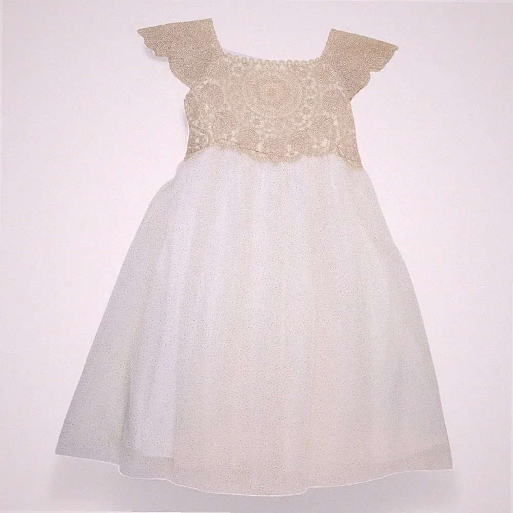 Monsoon Mädchen Creme Tüll Kleid Gold Spitze Party Flügelärmel Größe, 7-8 Jahre