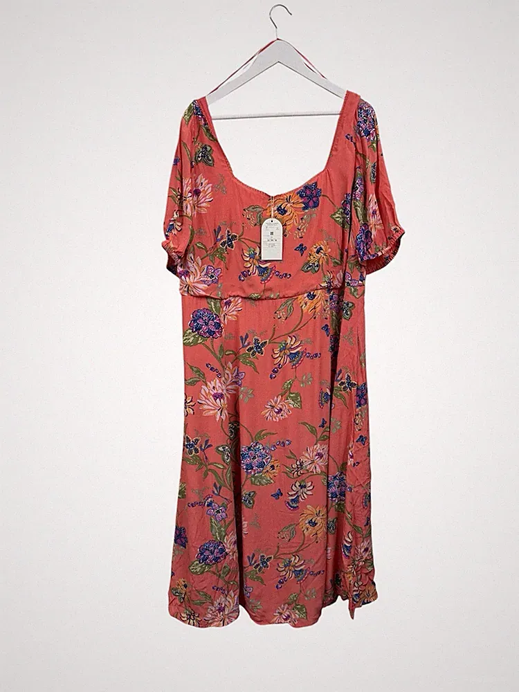Monsoon Midikleid Blumen Regina Ärmel koralle UVP 100£ Größe UK 22 Hochzeitsgast
