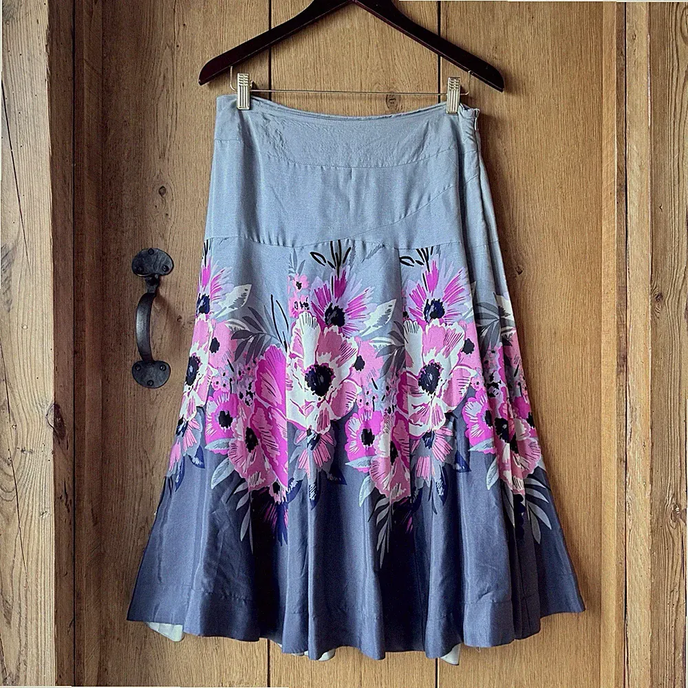 MONSOON Midirock grau rosa Blumen 10 Boho Cottagecore Sommer Hochzeit Gast