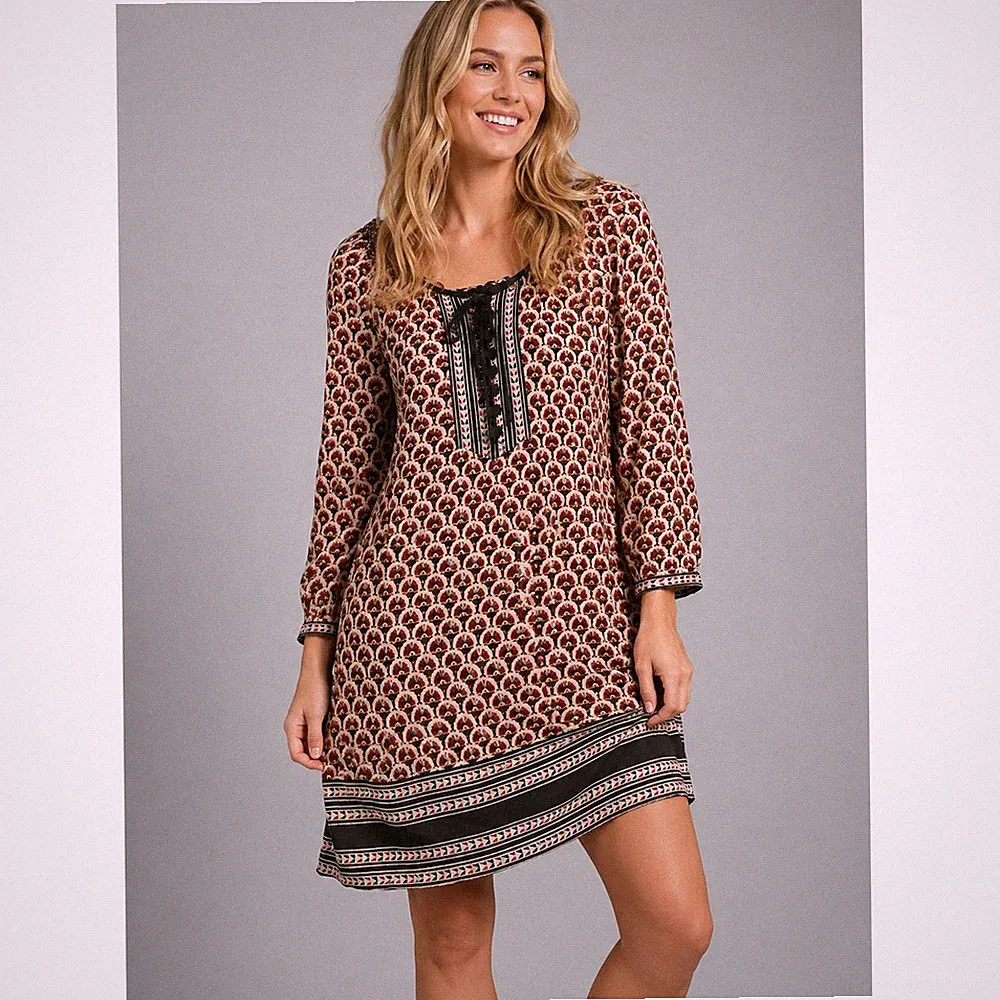 Monsoon Minikleid Blockprint Boho Häkelknöpfe Viskose UK 8