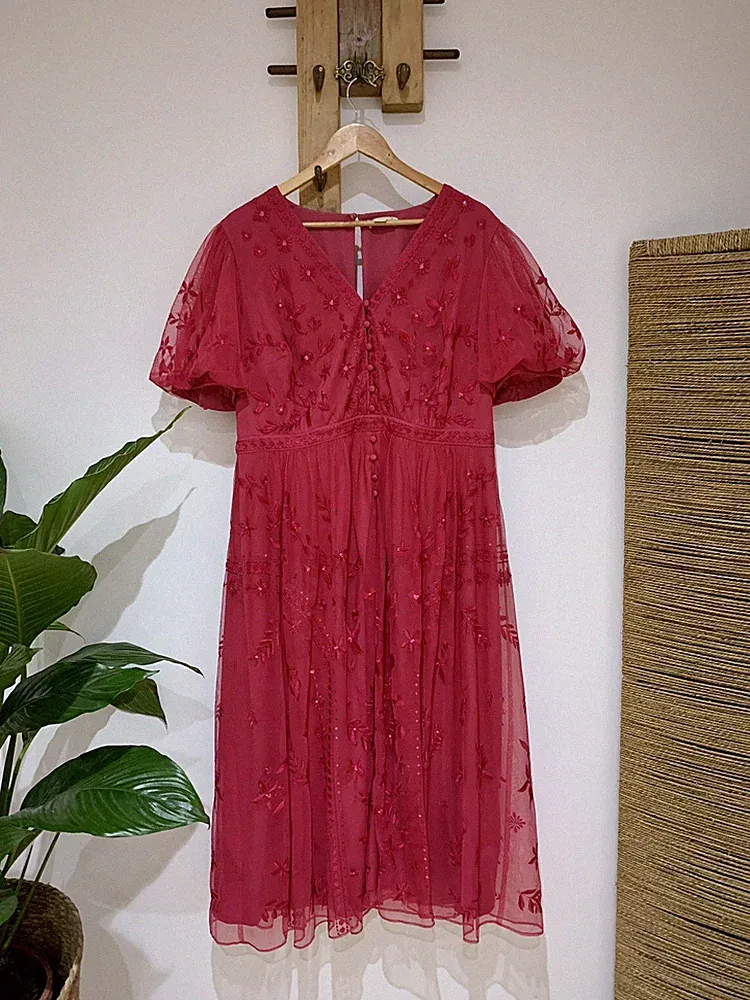 Monsoon Pailletten bestickt Spitze Netz koralle rosa besondere Anlässe Kleid Gr 18