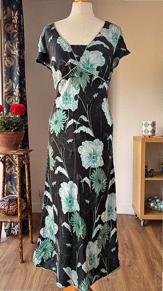 Monsoon Seide Blumen Maxi Tee Kleid UK 12-14 Boho Romantisch Anlass Hochzeit Gast