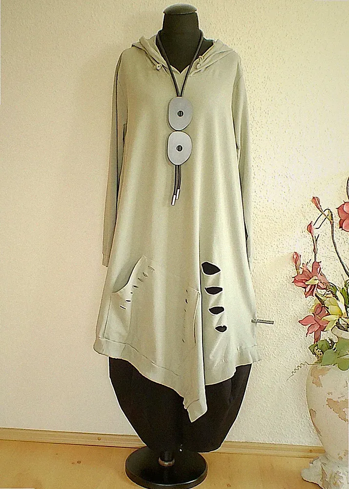 Moonshine° Asymmetrische Sweat Tunika Kleid Kapuze Tasche Baumwolle Khaki - 3