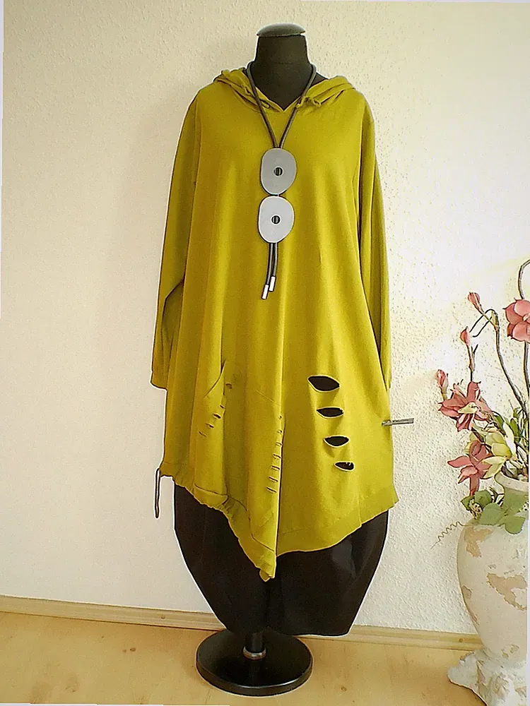 Moonshine°Asymmetrische Sweat Tunika Kleid Kapuze Tasche Baumwolle Moos Grün - 3