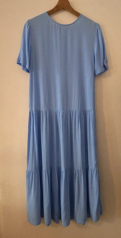 MSCH Moss Copenhagen Kleid Midi Maxi Rüschen XS S Blau Hellblau T-Shirt Dress