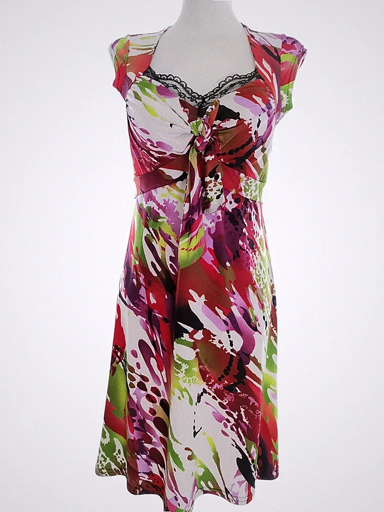 MY STORY Damen A-Linien-Kleid Gr. 34 Rot Kurzer Ärmel Spitzenstickerei Knielang