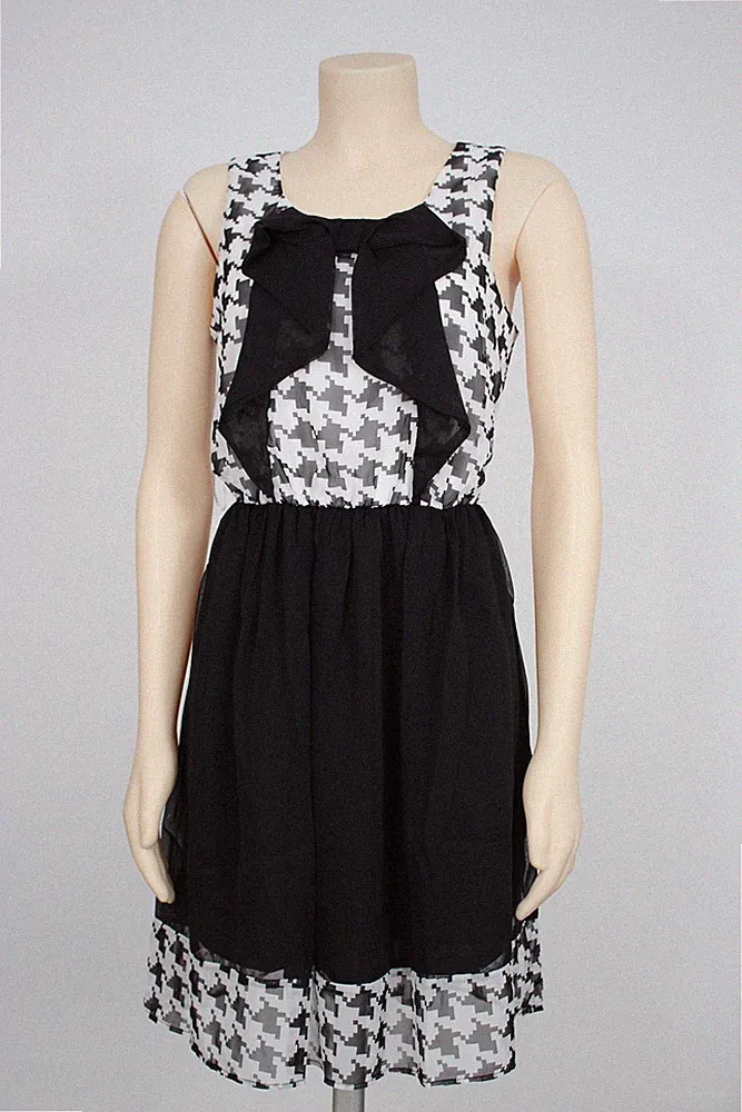 My Style Damen Kleid schwarz/weiß Hahnentritt tailliert Chiffon