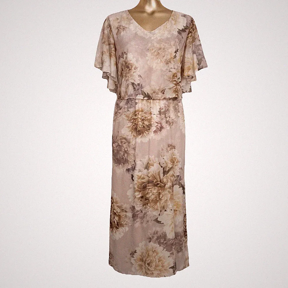 Nachtigallen Blumen Midikleid UK 10 neu mit Etikett beige Chiffon-Overlay Hochzeitsgast
