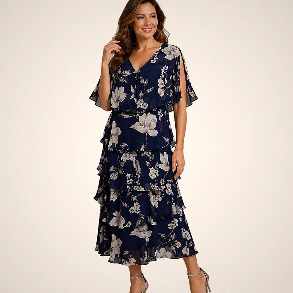 Nachtigallen Marine Blumen Stufenkleid geteilte Ärmel Größe 14 Hochzeit Gast Rennen