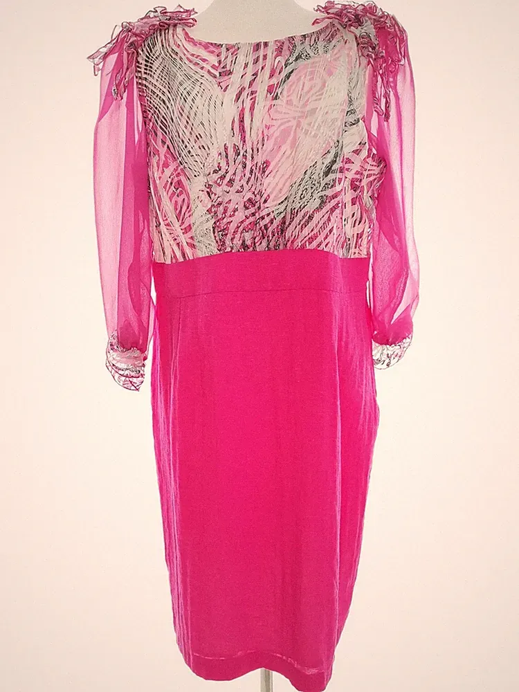 NASSC Damen Kleid Gr. 46 Rosa Viskose 3/4 Ärmel Rüsche Midi Runder Ausschnitt