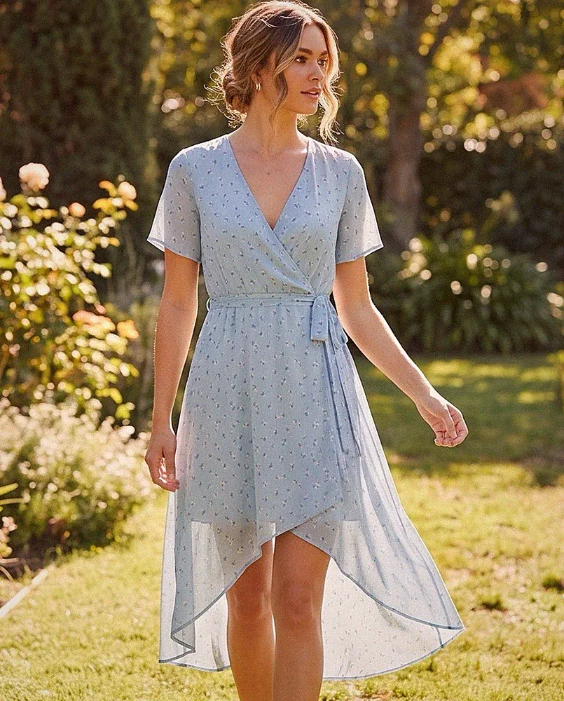 NASTY GAL blau Blumen Wickelkleid 12 Chiffon Tauchsaum Sommer Hochzeit Gast Party