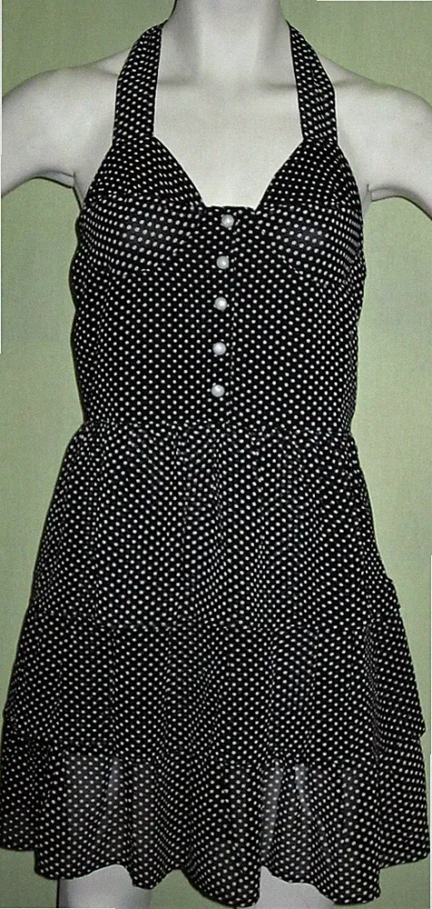 Neckholder Kleid Sommerkleid Schwarz Weiss Punkte White Dots Dress,Gr.L40 Volant