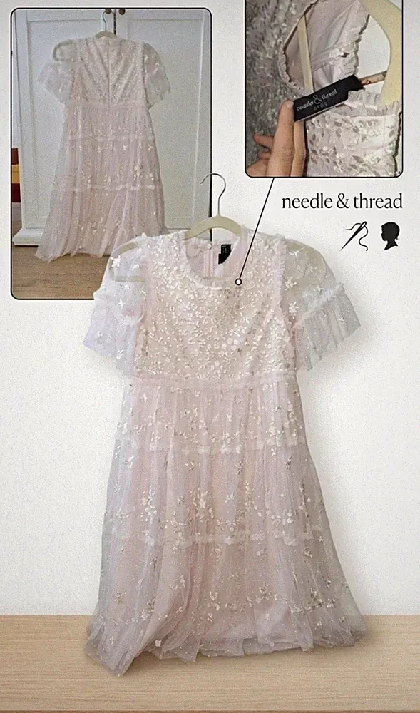 needle & thread Damen Tüllkleid Rosa Midi A-Linie bestickt Pailletten Blumen