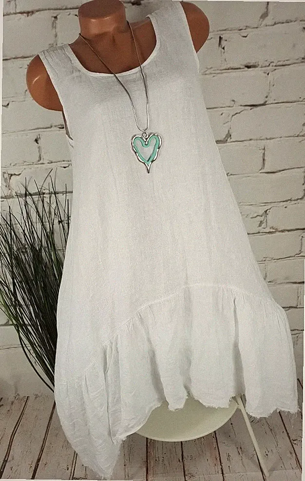 NEU 100% LEINEN 🌿 VOKUHILLA KLEID A-LINIE HINTEN LÄNG🌿 LAGENLOOK 🌿 WEIß 38-42