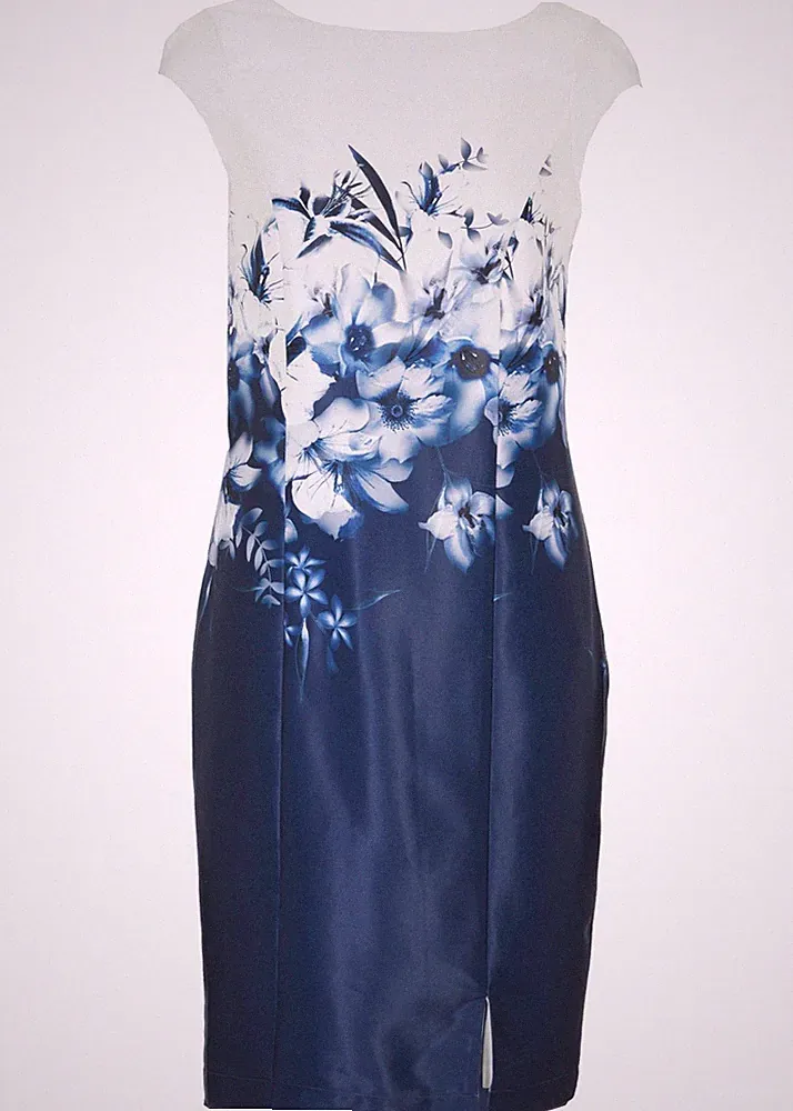 Neu Abendkleid Gr. 40 Weiß Dunkelblau Geblümt Damen Etuikleid Spitzen-Dress