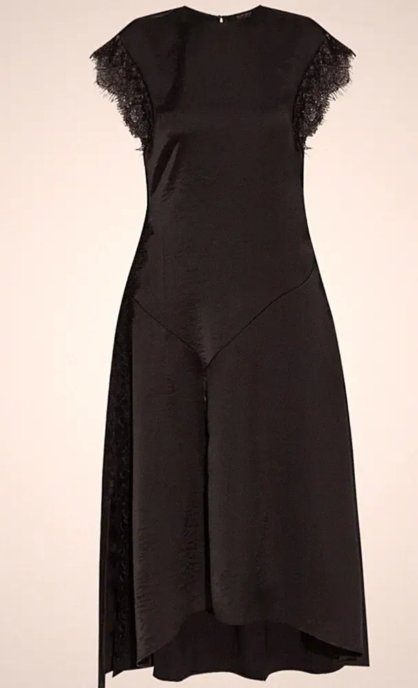 Neu ALLSAINTS Lyra A-Linien-Midikleid Spitzenbesatz schwarz High-Low Satin Gr. 8 UVP 159 £