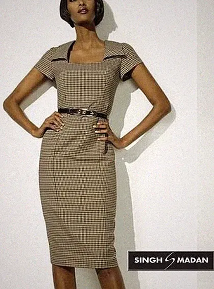 NEU BRAUN-BEIGE KARIERT BUSINESS ETUIKLEID GR 36 38 SINGH S. MADAN 109€ *041916
