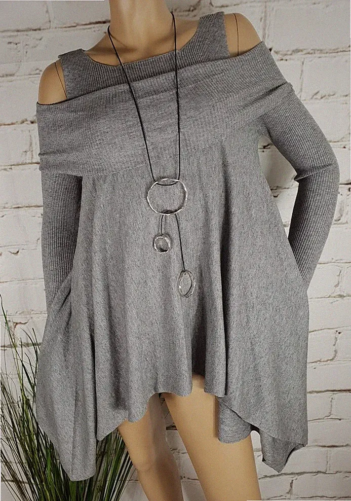NEU BUTTERWEICH A-LINIE STRICK TUNIKA OFF-SHOULDER AUSGEFALLEN GRAU S/M36-40