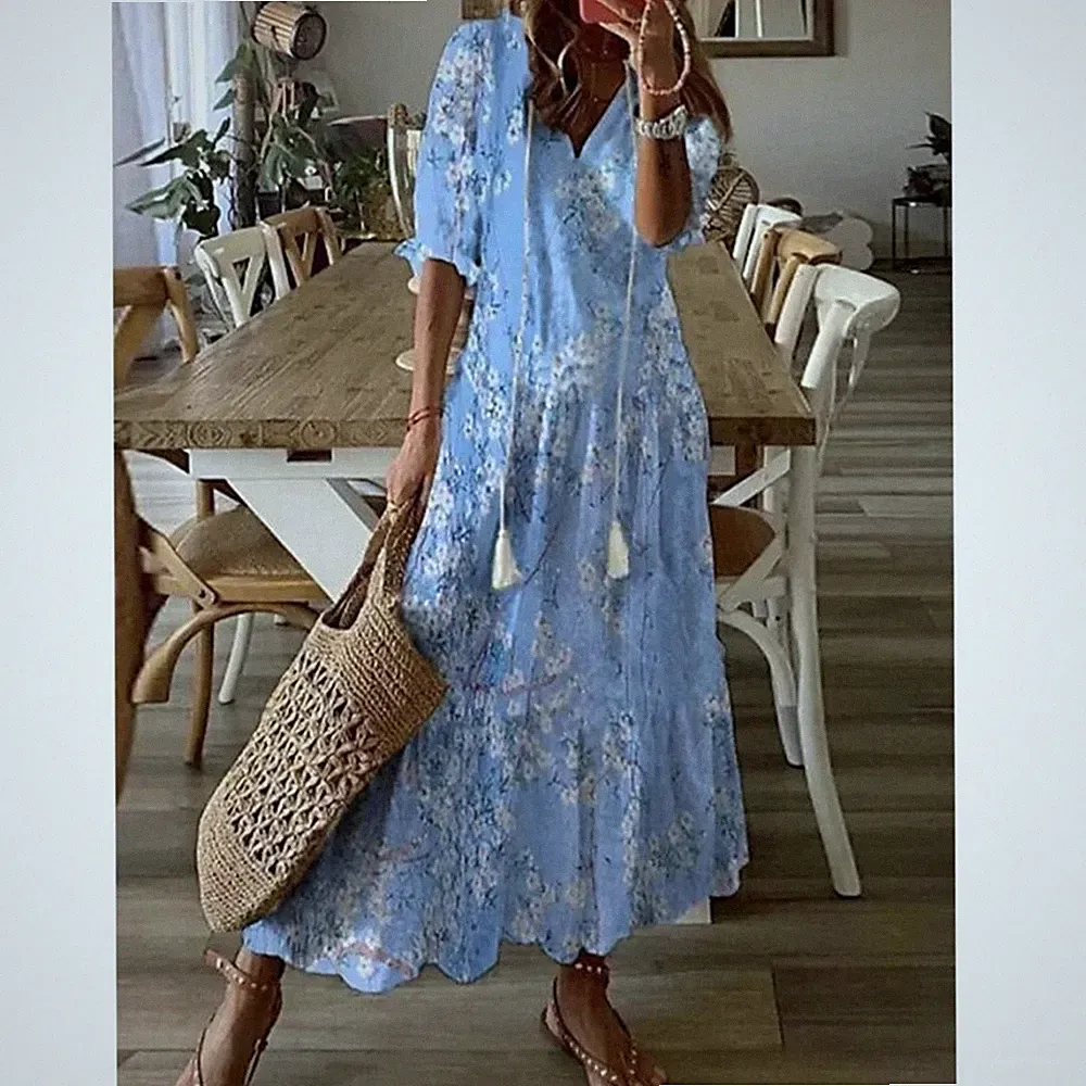 Neu Damen Maxikleid Sommerkleid Blumen Freizeitkleid Langkleid Lose Tunikakleid