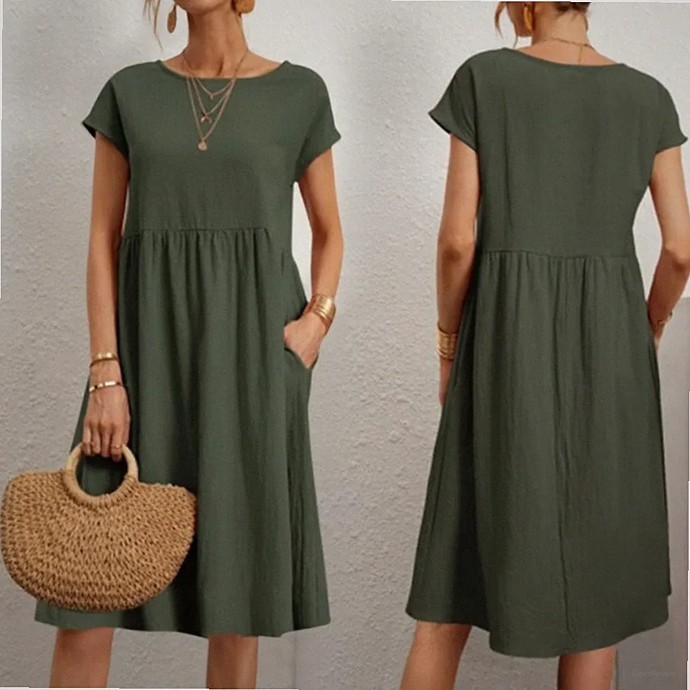 Neu Damen Sommerkleid Kleid Kurzarm Lose Maxikleid Casual Tankkleid mit Taschen