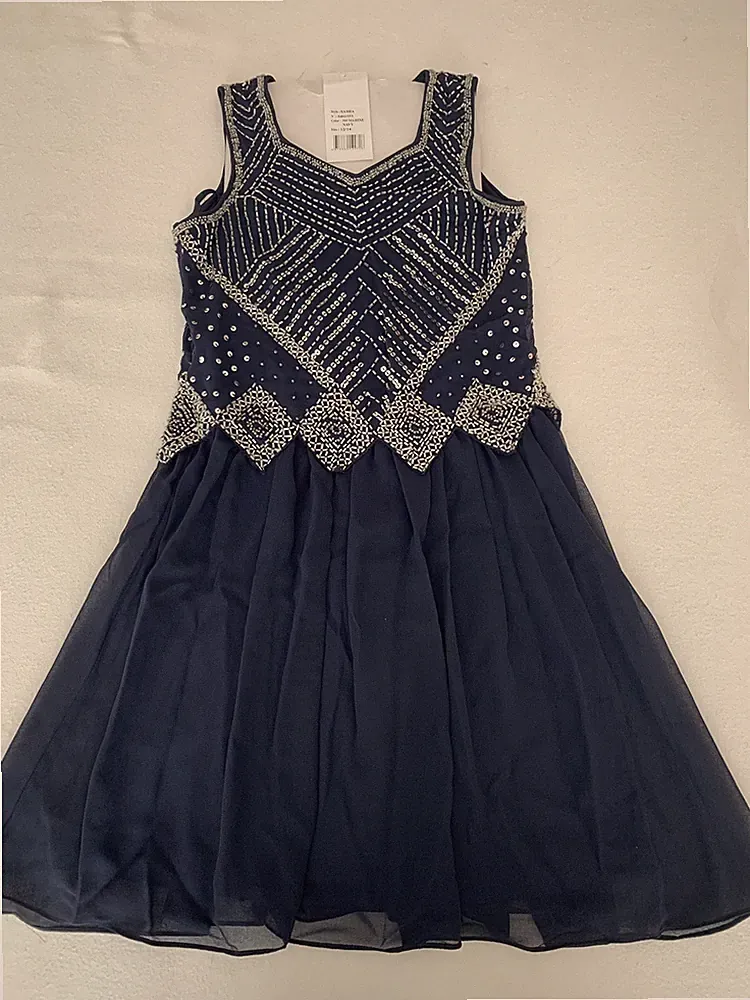 NEU Derhy Kids edles Kleid marine Gr 12 / 14 152 158 Perlen blau Pailletten navy