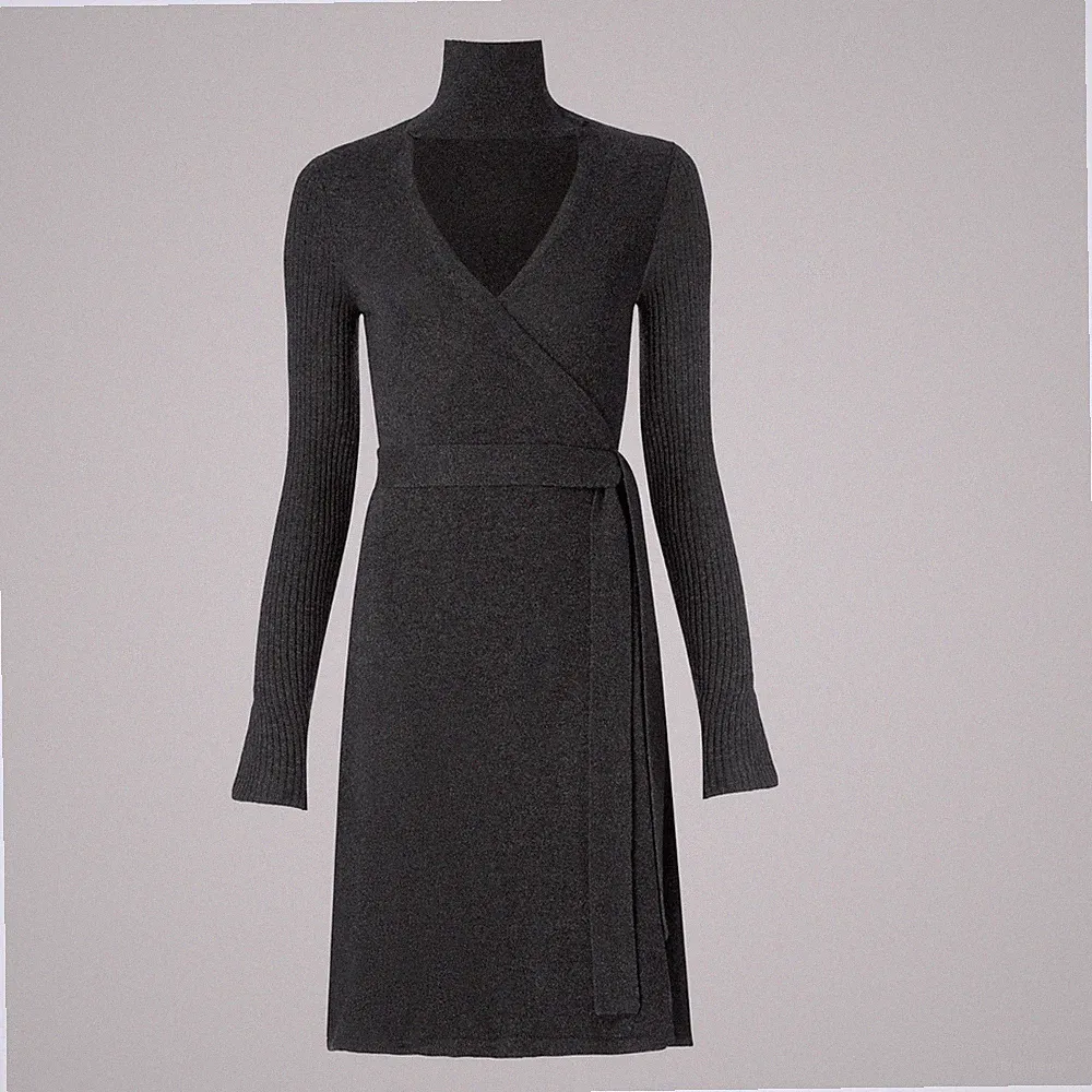 NEU DIANE von FURSTENBERG Grau Wolle Kaschmir Wickeln Strick Pulloverkleid Kleid