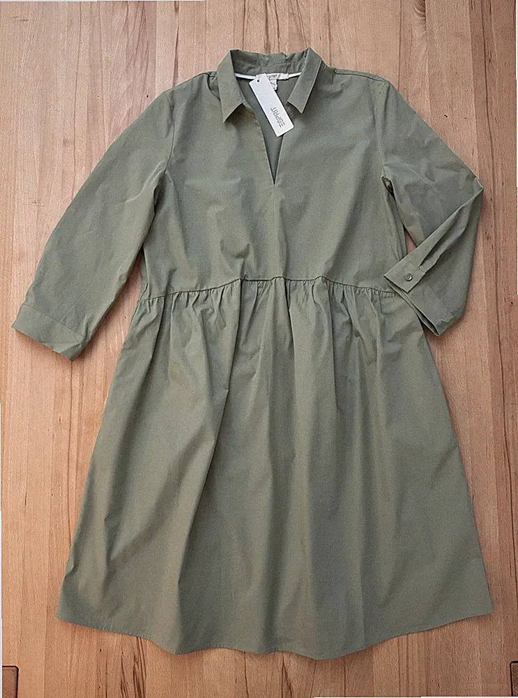 Neu Esprit V- Neck Lockeres Kleid 100% Baumwolle Kleid Gr. 42 Olive Grün