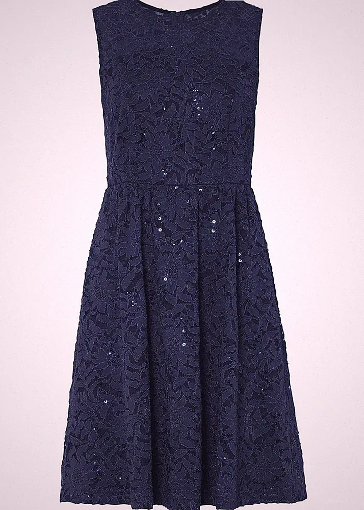 Neu Etuikleid Gr. 32 Dunkelblau Damen Spitzenkleid Minikleid Ärmellos