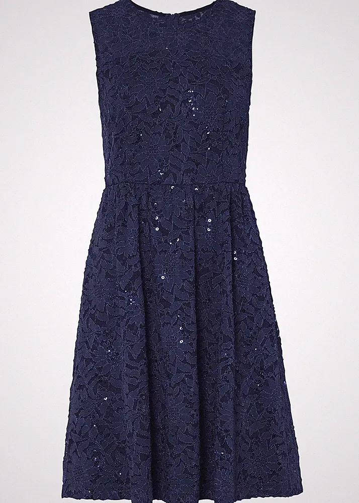 Neu Etuikleid Gr. 38 Dunkelblau Damen Spitzenkleid Minikleid Ärmellos