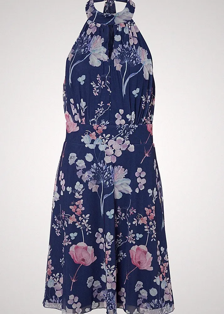 Neu Etuikleid Gr. 48/50 Dunkelblau Geblümt Party-Sommer-Kleid Mini Dress