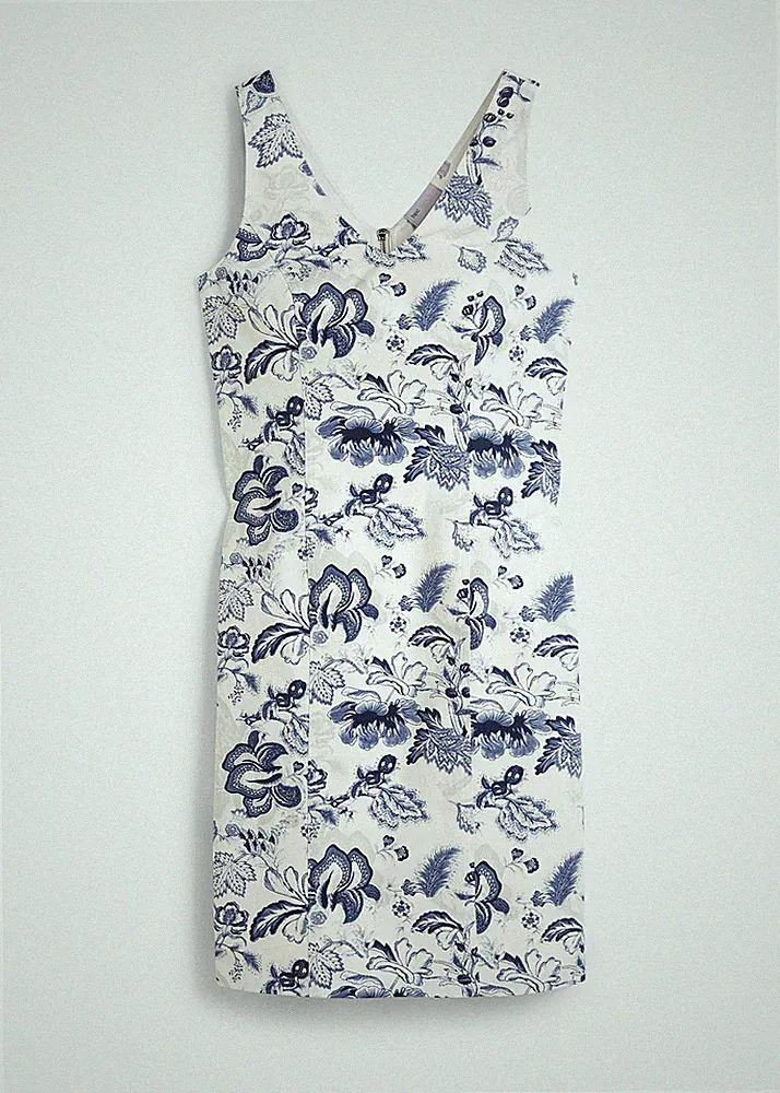 Neu Etuikleid Gr. 54 Wollweiß Dunkelblau Bedruckt Damen Business-Kleid