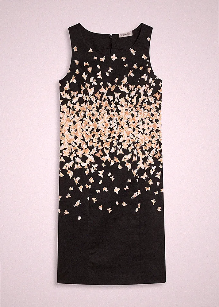 Neu Etuikleid mit Schmetterlingsmuster Gr. 50 Schwarz Sand Mini-Kleid Abendkleid