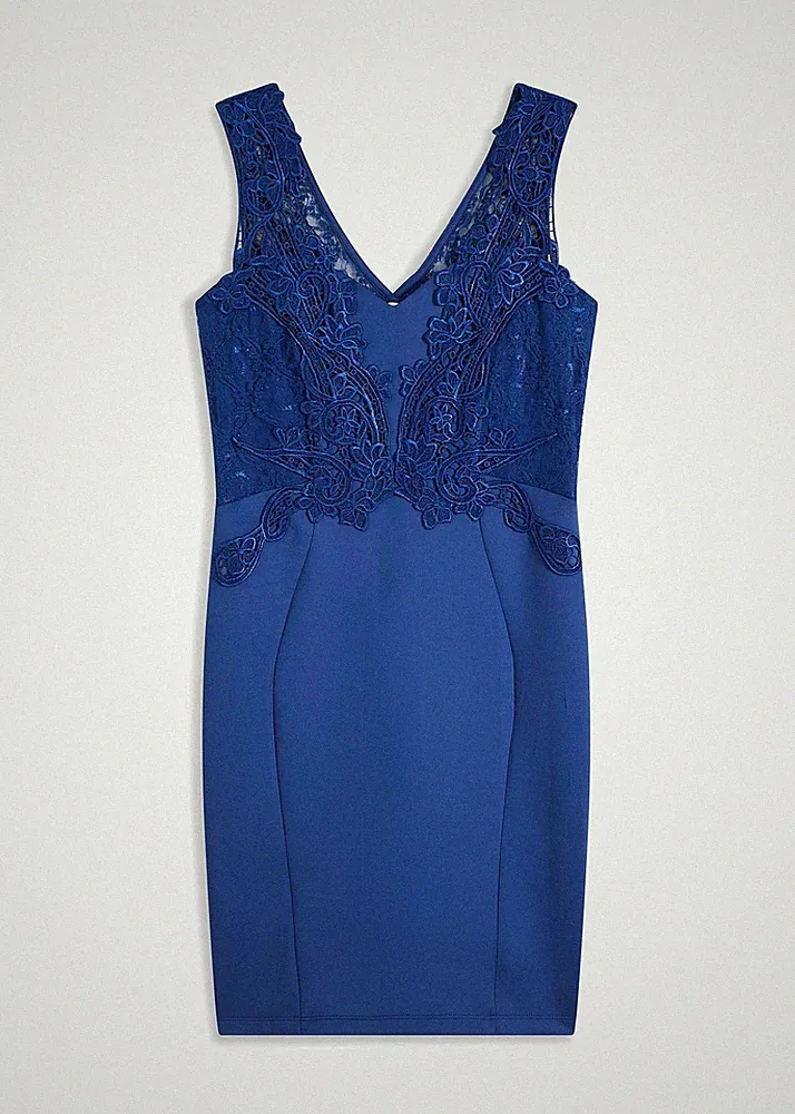 Neu Etuikleid mit Spitze Gr. 40 Mitternachtsblau Cocktailkleid Kurzes Partykleid