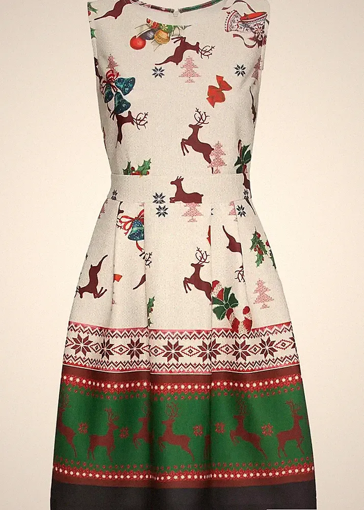 Neu Etuikleid mit Weihnachtsmotiv Gr. 36/38 Beige Grün Rot Damen Kleid Ärmellos