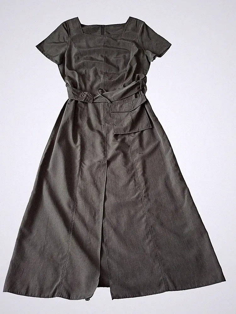 NEU festliches Kleid m. Glanz Leinenmischung lang in Khaki - Grün Gr. 40 / 42