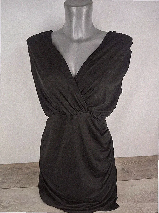 NEU GRACE KARIN Damen ärmellos schwarz gerafftes Etui Wickelkleid Größe Large