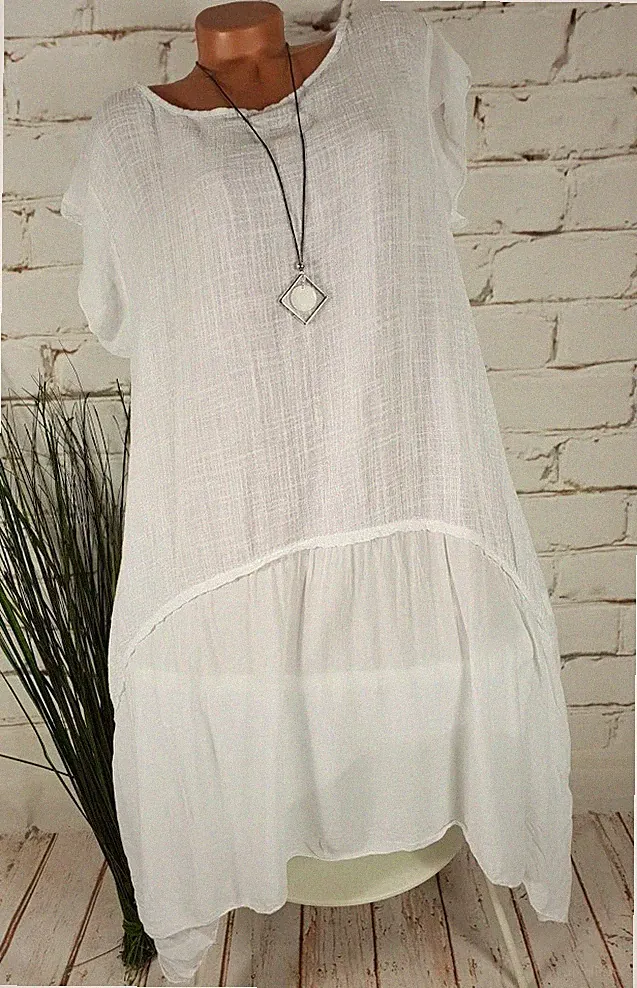NEU ITALY BOHEMIAN LEICHTE TUNIKA KLEID A-LINIE + KETTE LAGENLOOK WEIß 40-46